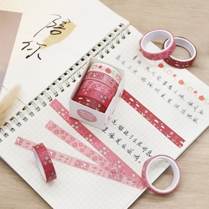Retro strawberry floral washi tape set in shades of red and pink on a notebook