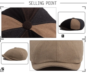 Detailed close-up of wool texture and stitched patchwork design on octagonal newsboy hats