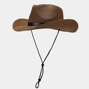 Detail of western straw sun hat showing textured weave and black leather belt band