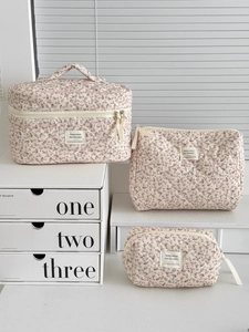 Quilted Corduroy Floral Makeup Bag Travel Toiletry Organizer Portable Zip Cosmetic Storage Pouch Fresh Style