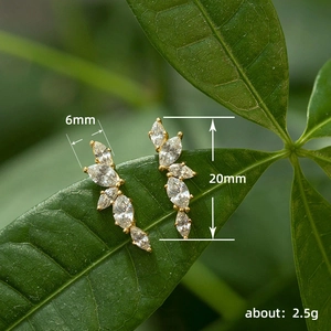 Olive branch leaf stud earrings with zircon stones, size 20mm by 6mm for women