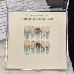 Light Blue Cat Eye Press On Nails Gradient Ice Through With Rhinestones Leopard Print Long Almond Shape For Women