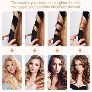 Leopard print heatless curling rod showing various curl results from different sections