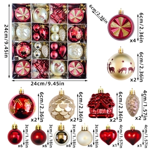 40-piece Christmas tree ornament set with red, gold, and white painted plastic baubles