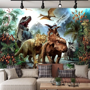 Tapisserie dinosaure réaliste avec T-Rex et ptérosaure pour décoration murale de chambre