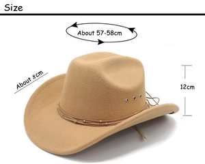 Detail showing western cowboy hat dimensions with brim size and crown height diagram