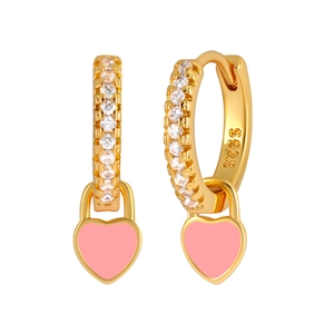 Gold S925 silver heart hoop earrings with pink enamel pendant and white cubic zirconia