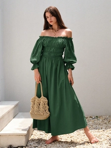 Off Shoulder Maxikleid Für Damen Baumwolle Gekräuselte Brust Laternermel Retro Boho A-Linie Vintage Urlaub
