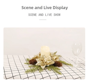 Golden Christmas candle ring with pine cones and glitter petals for holiday tables