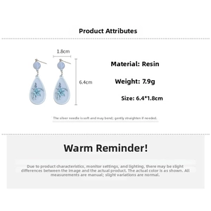Detail view of light blue resin flower drop earrings with dimensions and 7.9g weight info