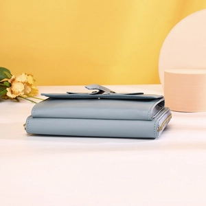 Side view of light blue multi-functional crossbody wallet with golden zipper detail