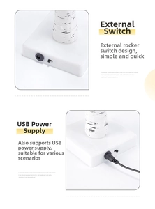 Detail of white birch tree lamp base with power switch and USB port connection