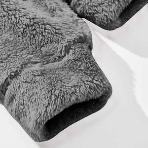Macro shot of grey fleece hoodie cuff showing high-quality stitching and soft plush texture