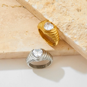 French vintage stainless steel heart zircon rings with wavy textured band in gold and silver