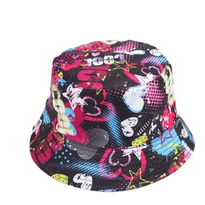 Retro 80s 90s graffiti bucket hat with colorful heart prints and 1991 year embroidery