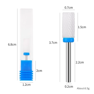 White ceramic bullet nail drill bit with blue base and detailed dimensions in transparent box