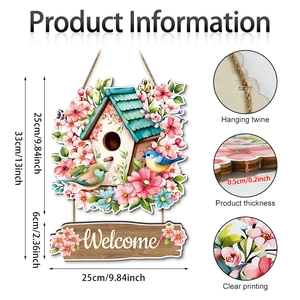 Spring welcome wooden door sign with birdhouse, floral design and hanging rope