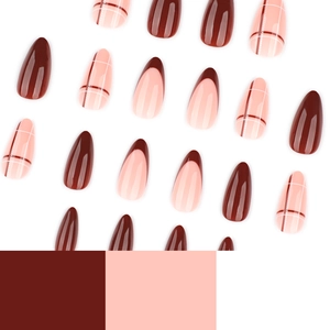 Short almond press-on nails set featuring dark brown solids and red-brown grid patterns
