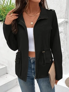 Schwarze Damen-Utility-Jacke mit Kordelzug an der Taille und Umlegekragen