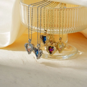 Heart Pendant Necklace Stainless Steel O-Chain Copper Inlaid Colorful Zircon Elegant Jewelry For Women