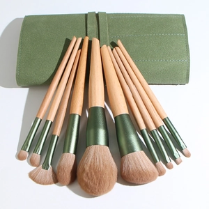 10pcs premium wood handle makeup brush set with green metal ferrule and storage roll bag
