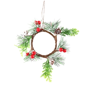 Christmas candle ring with red berries, pine cones and needles on white background
