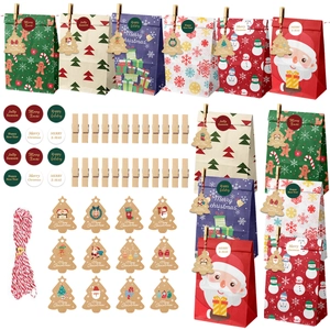 24-piece Christmas gift bag set with wooden clips, stickers, tags and cotton rope