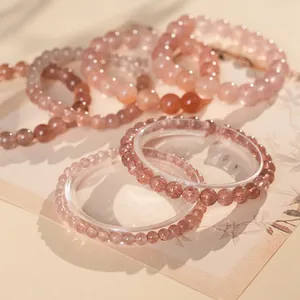 Bracelet En Perles Rondes De Quartz Fraise Naturel Niche Haut De Gamme Doux Mode Femmes Cadeau Élégant Accessoires