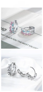 Detail of French style ear hoops with double row pear-cut cubic zirconia in pink and blue