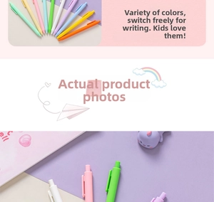 Detail view of colorful macaron Morandi plastic pens with matte finish and clips