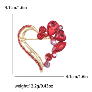 Sparkling crystal heart brooch with red rhinestones in gold alloy for women