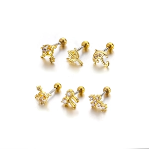 6-piece set of gold stainless steel screw back stud earrings with zircon bow and star charms