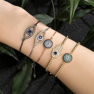 Evil Eye Hamsa Hand Bracelet Copper Micro Pave Zircon Adjustable Chain Jewelry For Women