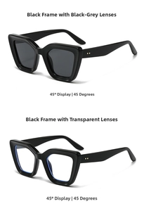 Set aus klassischer Sonnenbrille und Brille mit klaren Gläsern im 45-Grad-Winkel