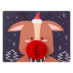 3D Pop-up Christmas card with a cartoon reindeer and red honeycomb paper nose detail