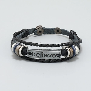 Classic black braided leather multi-layer bracelet for men with metal believe plate