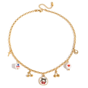 Vintage 18K gold-plated stainless steel necklace with cherry pendants and colorful charms