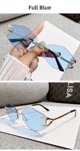 Detail of rimless blue polygonal sunglasses with gold eagle claw metal hinge design