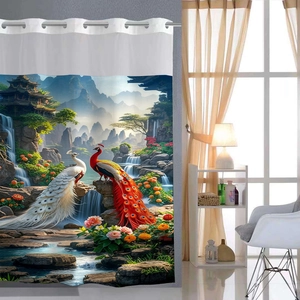 Detail of waterproof peacock landscape shower curtain with metal grommets and scenery print