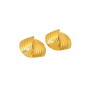 18K gold plated stainless steel geometric fan earrings with vintage ribbed texture