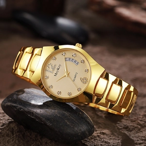 Luxury gold stainless steel men's watch with rhinestone dial and calendar display