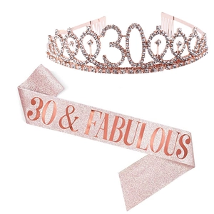 Rose gold 30th birthday set with 30 & Fabulous sash and sparkling rhinestone tiara crown
