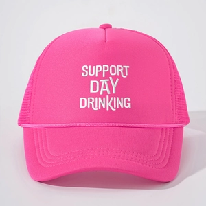 Detail of hot pink trucker hat showing embroidery and breathable mesh texture