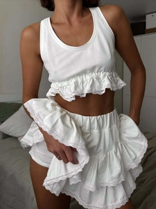 Women's European Style Lace Trim Layered Cake Skirt Top And Bottom Ruffle Sleeveless Cotton Two Piece Vacation Outfit