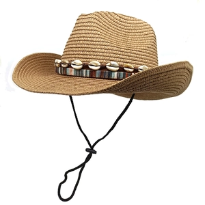Western Straw Cowboy Hat With Shell Ethnic Band Sun Protection Breathable Summer Beach Sun Hat For Men Women Adjustable