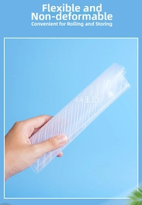 Close-up of flexible A4 transparent document bag with white stripes and snap closure