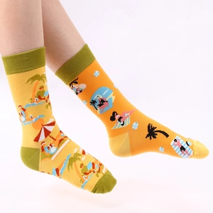 Vibrant mid-calf cotton socks with tropical beach prints and orange-yellow color block style