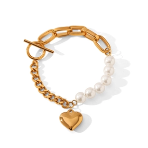 Golden heart pendant pearl necklace with stainless steel chain and OT toggle clasp