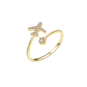 Elegant gold S925 sterling silver adjustable airplane ring with sparkling star accents