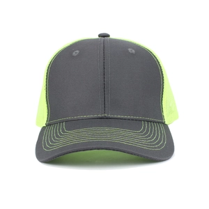 Dark grey trucker hat with neon green mesh back and curved brim for outdoor sun protection